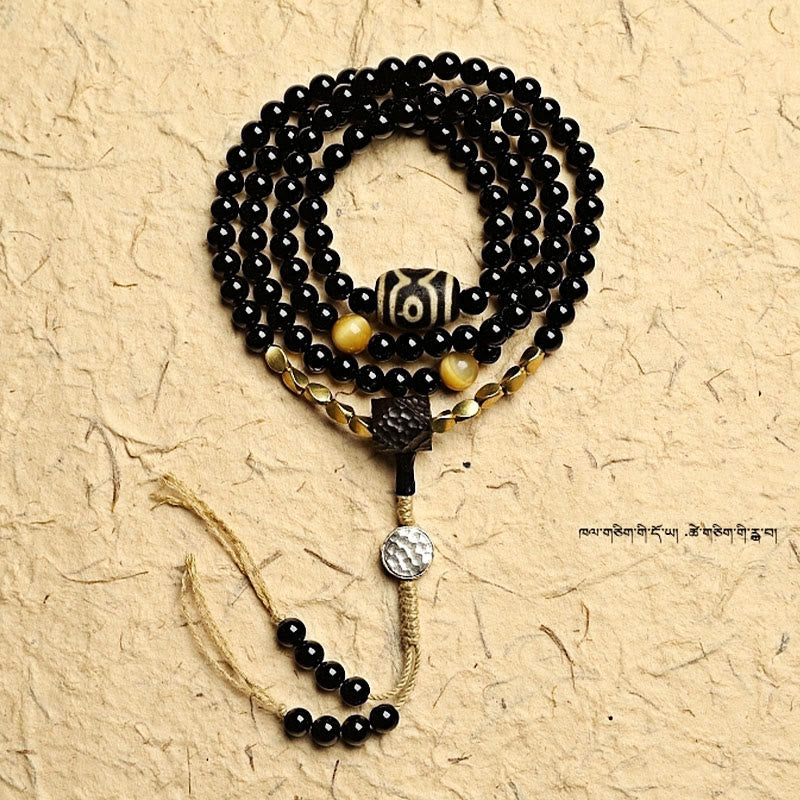 Buddha Stones Tibetan 108 Mala Beads Black Onyx Three-eyed Dzi Beads Protection Bracelet - image 17