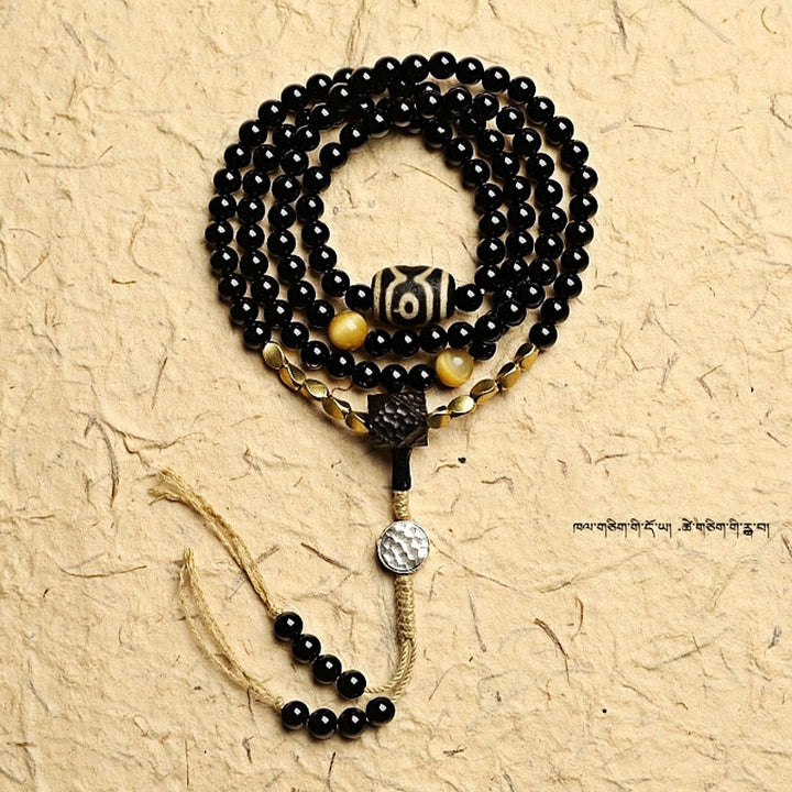 Buddha Stones Tibetan 108 Mala Beads Black Onyx Three-eyed Dzi Beads Protection Bracelet - image 17