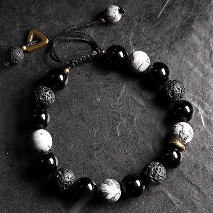 Buddha Stones Black Obsidian Lava Rock Stone Yin Yang Strength Bracelet - image 4