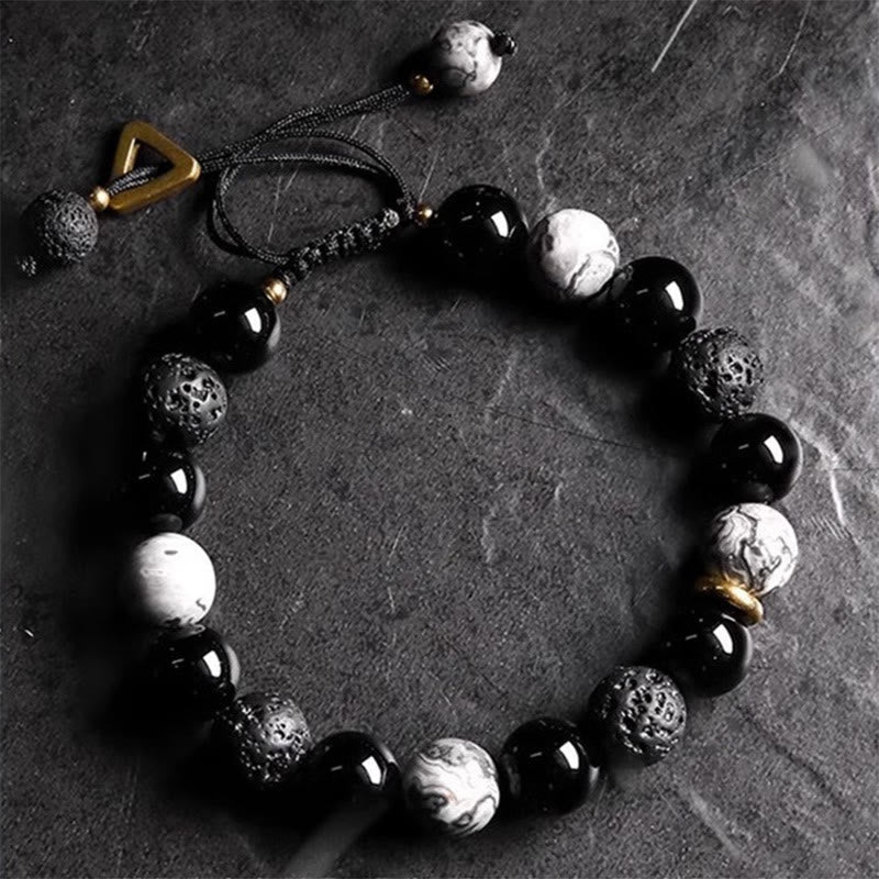 Buddha Stones Black Obsidian Lava Rock Stone Yin Yang Strength Bracelet - image 1