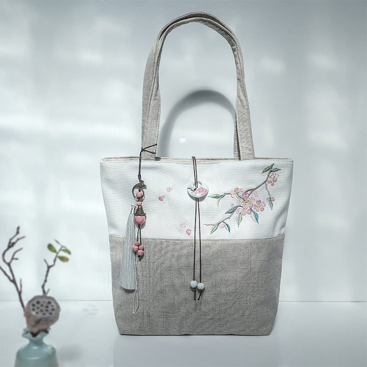 Buddha Stones Pear Flower Plum Peach Blossom Bamboo Embroidery Canvas Large Capacity Shoulder Bag Tote Bag - Beige White Peach Blossom - image 40