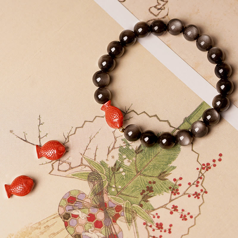 Buddha Stones Natural Silver Sheen Obsidian Cinnabar Koi Fish Soothing Protection Bracelet - image 2