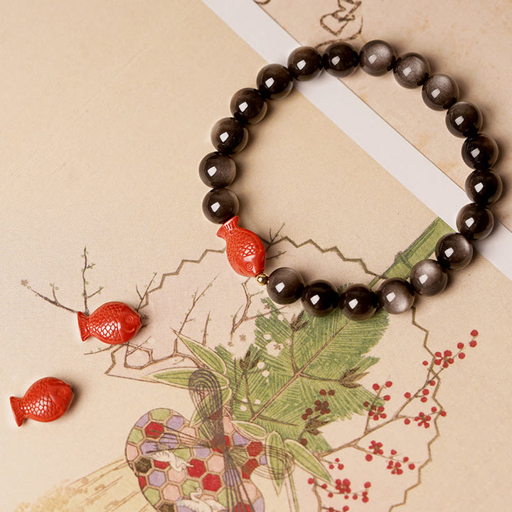 Buddha Stones Natural Silver Sheen Obsidian Cinnabar Koi Fish Soothing Protection Bracelet - image 2