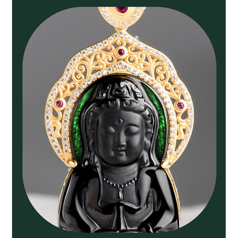 Buddha Stones Natural Black Jade Kwan Yin Avalokitesvara Wealth Titanium Steel Chain Necklace Pendant - image 5