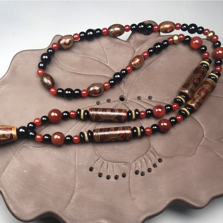 Buddha Stones Nine-Eye Dzi Bead Red Agate Wealth Health Necklace - image 1