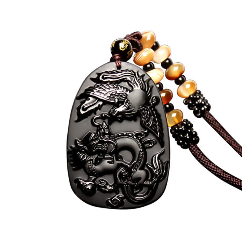 Buddha Stones Black Obsidian Tiger Eye Dragon Phoenix Protection Beaded Necklace Pendant - image 6