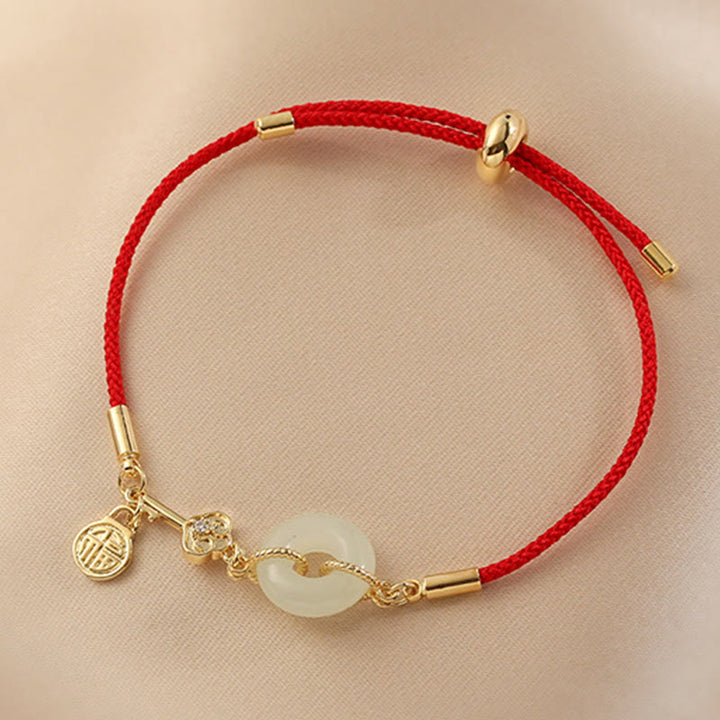Buddha Stones 18K Gold Plated Hetian Jade Peace Buckle Fu Character Luck Red Rope Bracelet - image 10