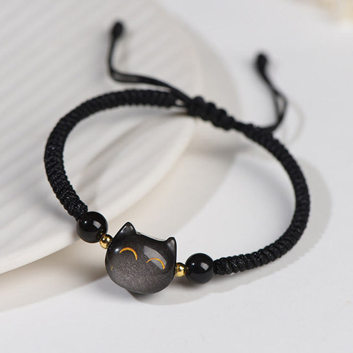 Buddha Stones Handmade Natural Silver Sheen Obsidian Strawberry Quartz Cute Cat Protection Braided Bracelet - image 2