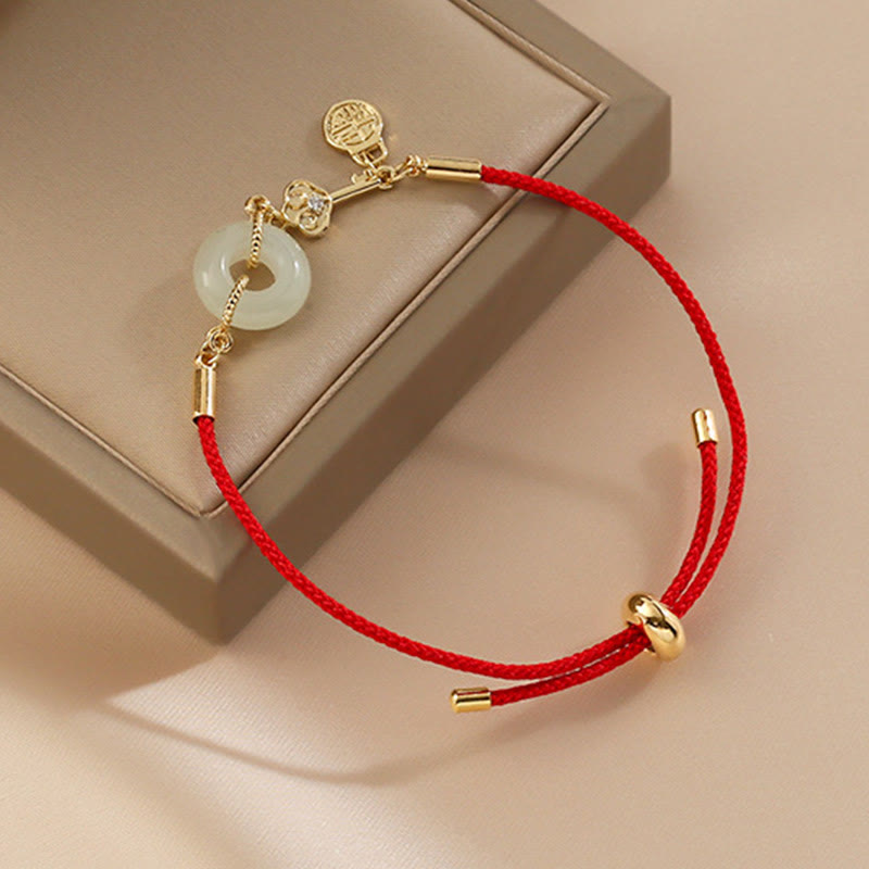 Buddha Stones 18K Gold Plated Hetian Jade Peace Buckle Fu Character Luck Red Rope Bracelet - image 8