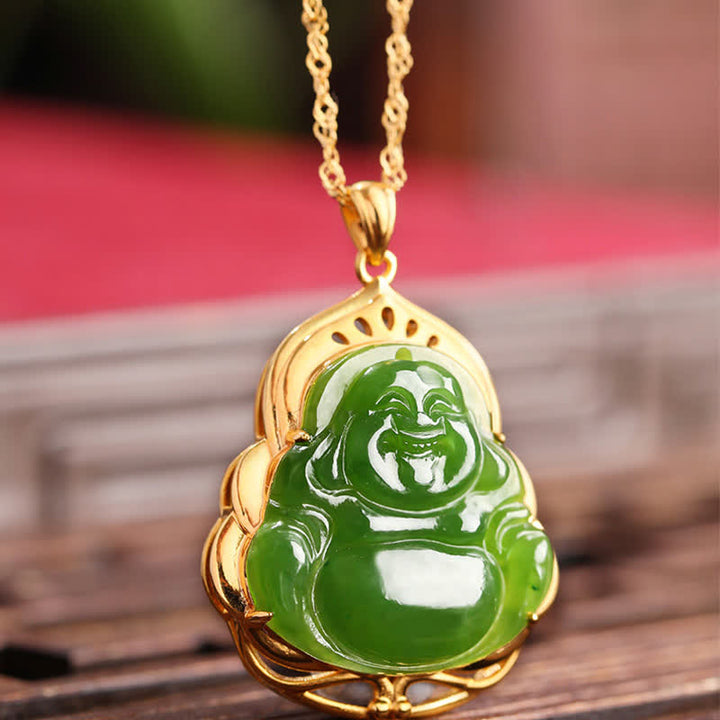 Buddha Stones 925 Sterling Silver Natural Hetian Cyan Jade Laughing Buddha 18K Gold Healing Necklace Chain Pendant - image 4