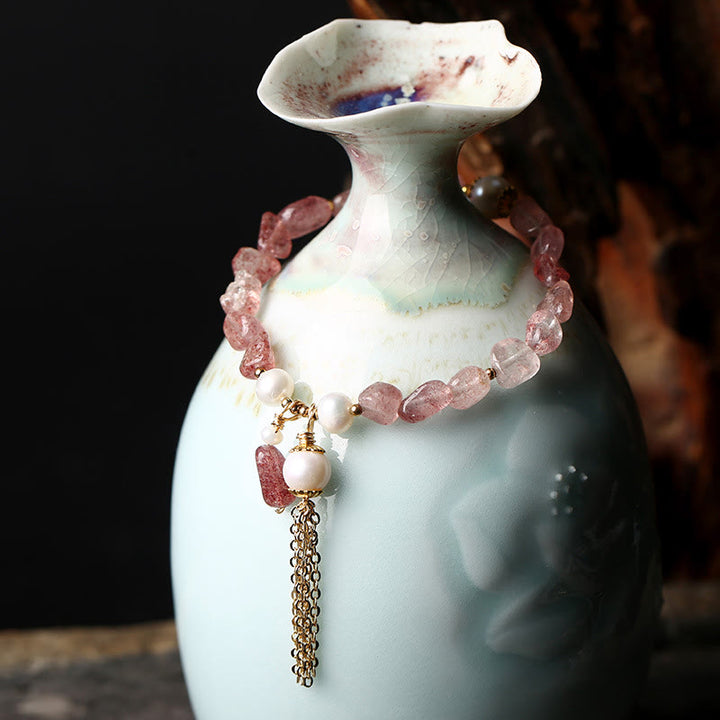 Buddha Stones Natural Strawberry Quartz Pearl 14k Gold Plated Love Healing Bracelet - image 1