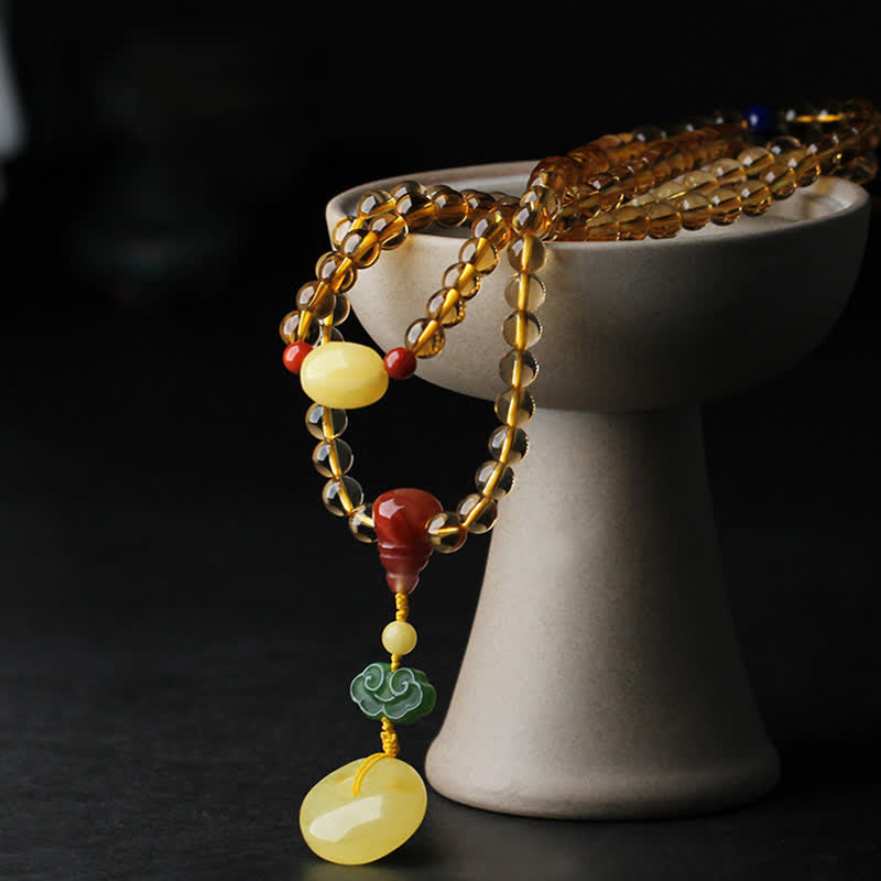 108 Mala Beads Natural Citrine Amber Peace Buckle Red Agate PiXiu Protection Charm Bracelet - image 12
