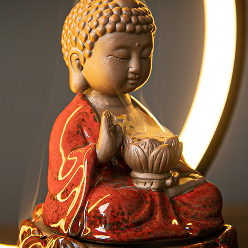 Buddha Stones Buddha Lotus Backflow Smoke Fountain Ceramic Blessing Incense Burner With Light Decoration - image 2