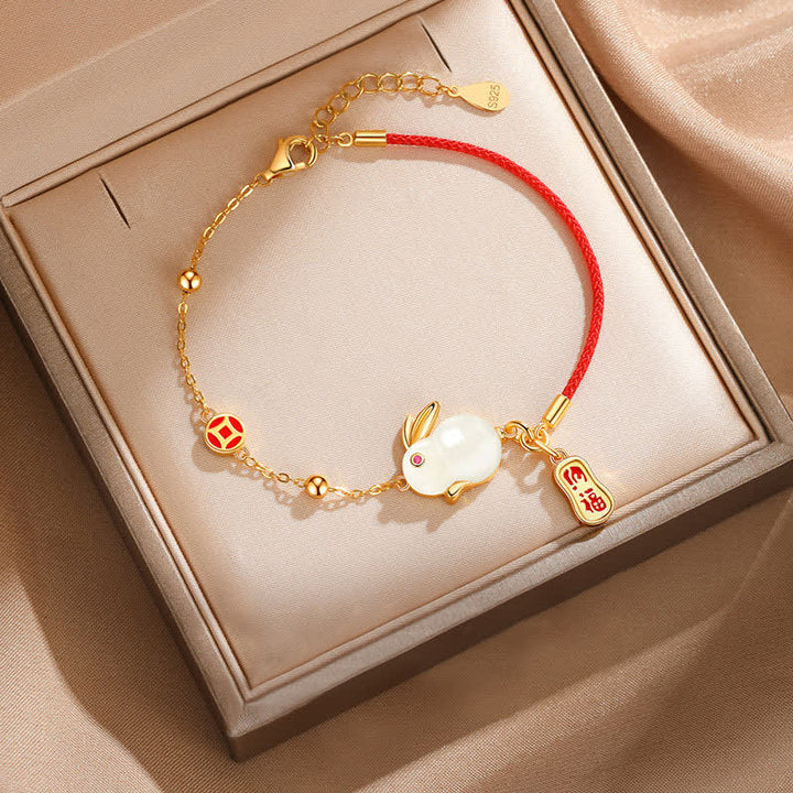 Buddha Stones Year of the Rabbit White Jade Happiness Red String Chain Bracelet - image 1