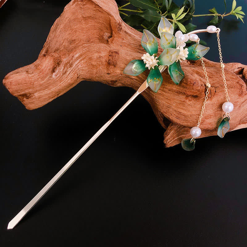 Flower Leaf Pearl Peace Tassel Hairpin - image 1