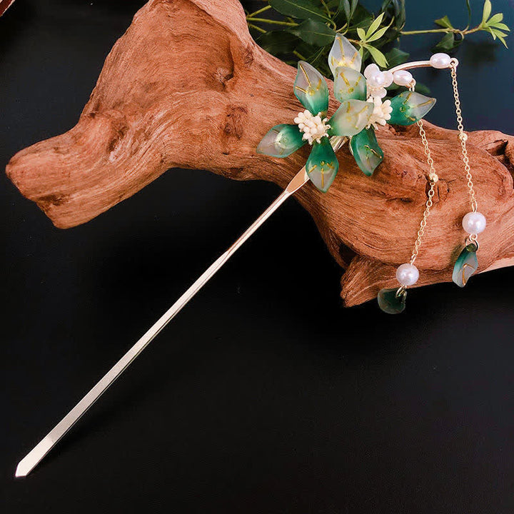 Flower Leaf Pearl Peace Tassel Hairpin - image 1