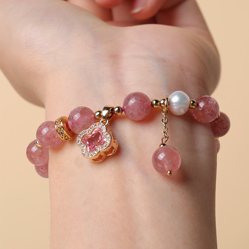 Buddha Stones Strawberry Quartz Pearl Four Leaf Clover Charm Healing Bracelet - image 5
