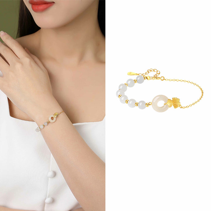 Buddha Stones 925 Sterling Silver Hetian White Jade Peace Buckle Ginkgo Leaf Luck Bracelet - image 8