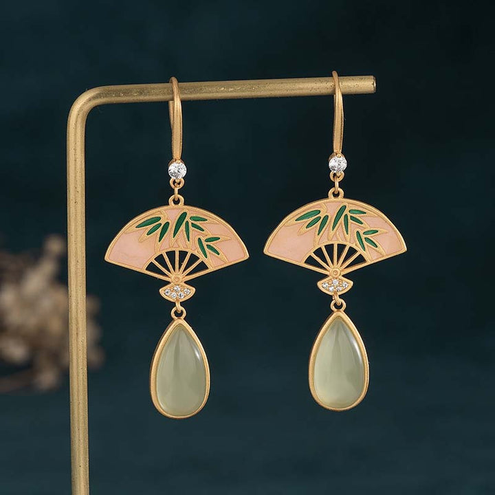 Buddha Stones Natural Green Aventurine Fan Pattern Luck Drop Earrings - image 1