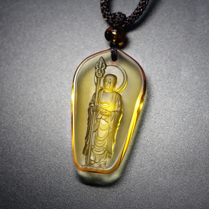 Buddha Stones Ksitigarbha Buddha Liuli Crystal Serenity Amulet Necklace Pendant - Yellow Standing Ksitigarbha - image 6