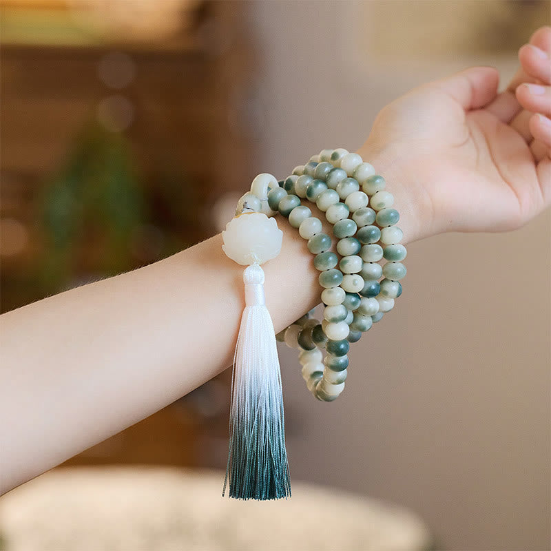 Buddha Stones Natural 108 Mala Beads Bodhi Seed Lotus Engraved Wisdom Tassel Bracelet - image 1