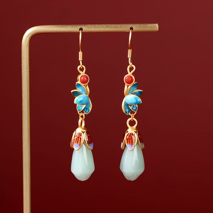 Magnolia Flower Jade Pattern Luck Prosperity Drop Dangle Earrings - image 4
