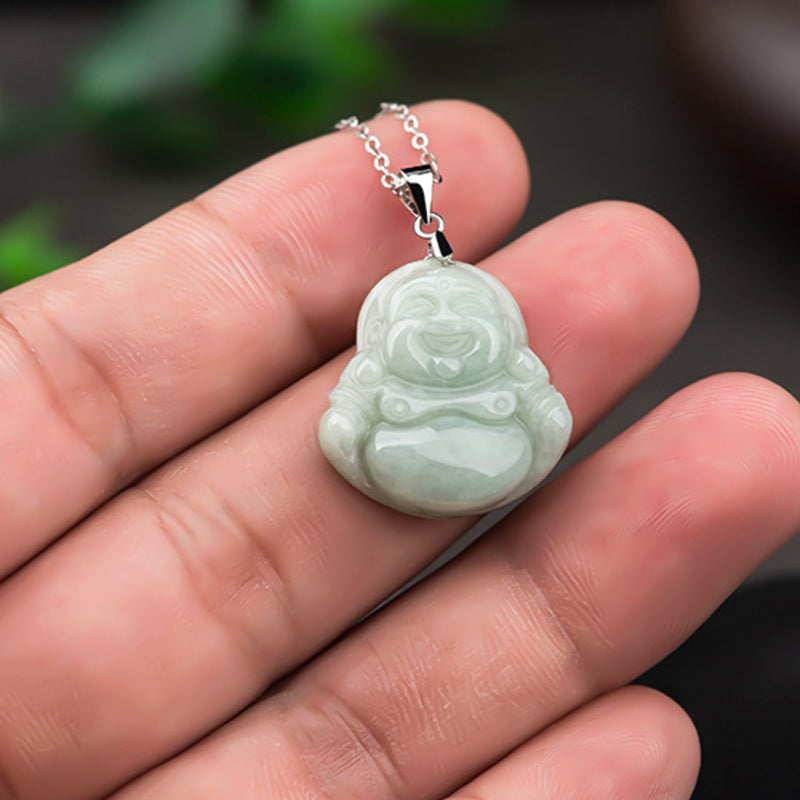 Buddha Stones Laughing Buddha Jade Blessing Titanium Steel Chain Necklace Pendant - image 4