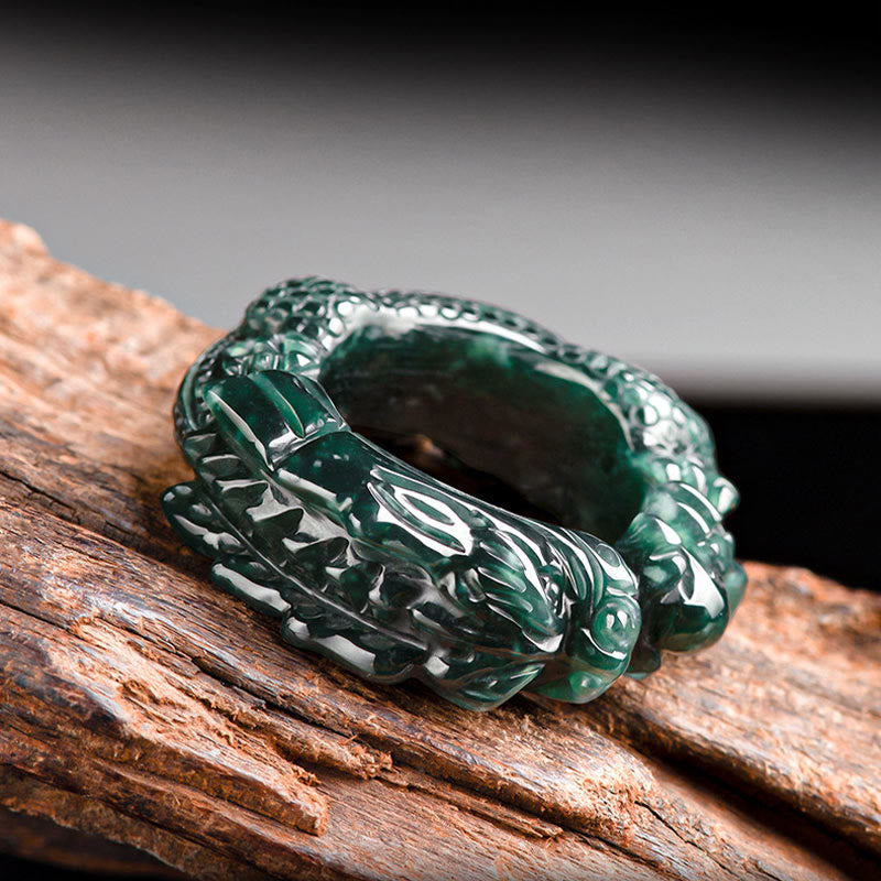 Buddha Stones Natural Cyan Jade Dragon Carved Success Ring - image 2