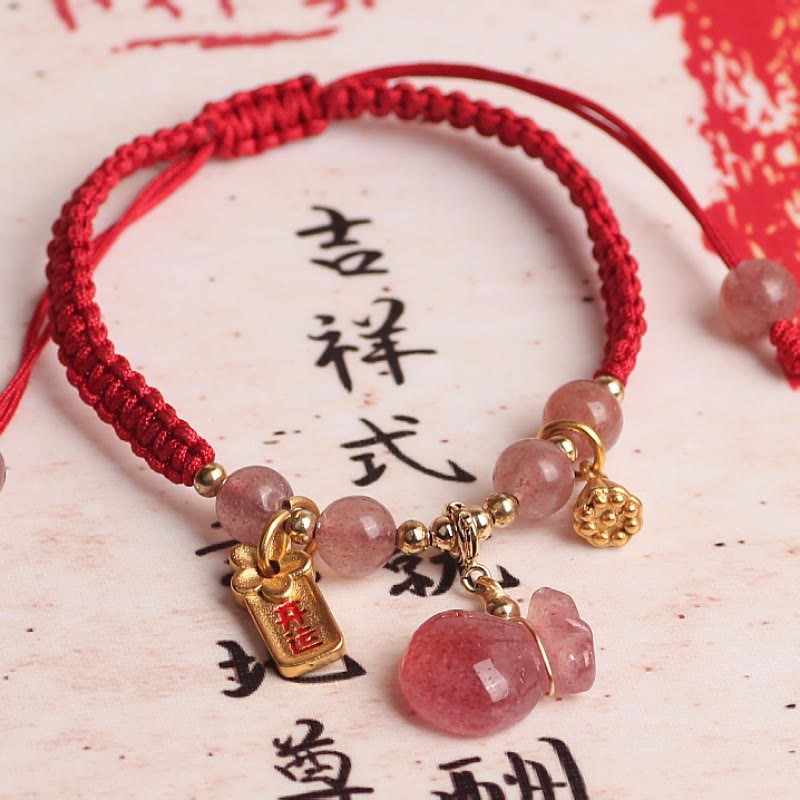 Buddha Stones Natural Strawberry Quartz Money Bag Lotus Healing Charm Red String Braided Bracelet - Strawberry Quartz(Love♥Healing)(Wrist Circumference 14-19cm) - image 0