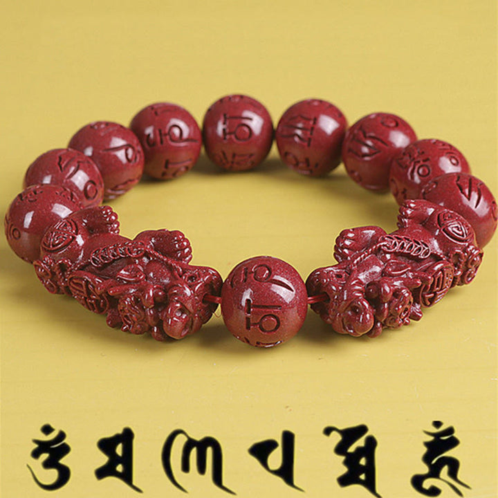 Buddha Stones Natural Double PiXiu Cinnabar Om Mani Padme Hum Wealth Luck Bead Bracelet - image 0