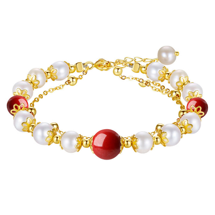 Buddha Stones 925 Sterling Silver Pearl Cinnabar Wisdom Bead Double Layer Chain Bracelet - image 9