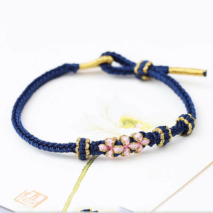 Buddha Stones Handmade Three Peach Blossoms Luck Eight Strands Braided String Bracelet - Navy Blue(Wrist Circumference 14-19cm) - image 14