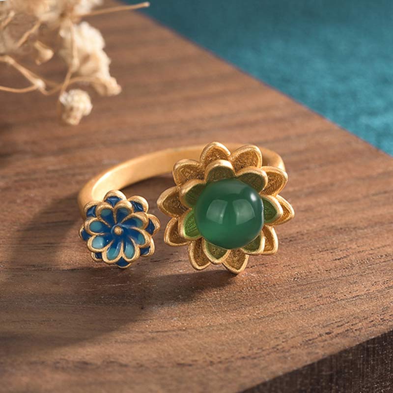 Buddha Stones Lotus Pattern Jade Abundance Adjustable Ring - image 1