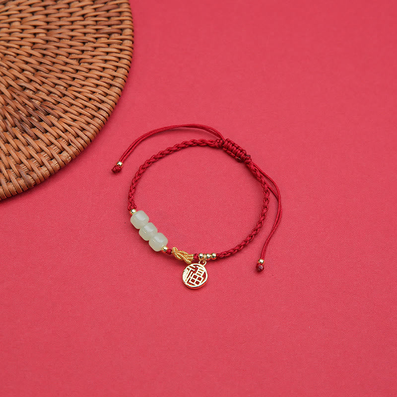 Buddha Stones Handcrafted Jade Bead Fu Character Charm Luck Red Rope Bracelet - image 3