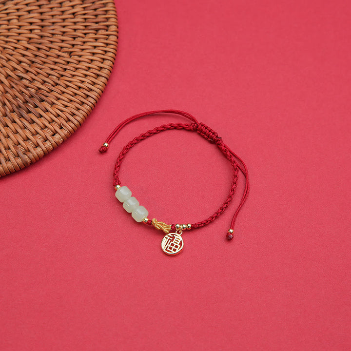 Buddha Stones Handcrafted Jade Bead Fu Character Charm Luck Red Rope Bracelet - image 3