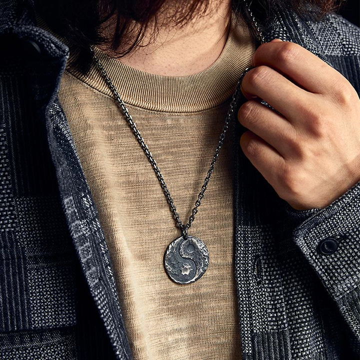 Buddha Stones 990 Sterling Silver Yin Yang Hammer Texture Harmony Necklace Pendant - image 8