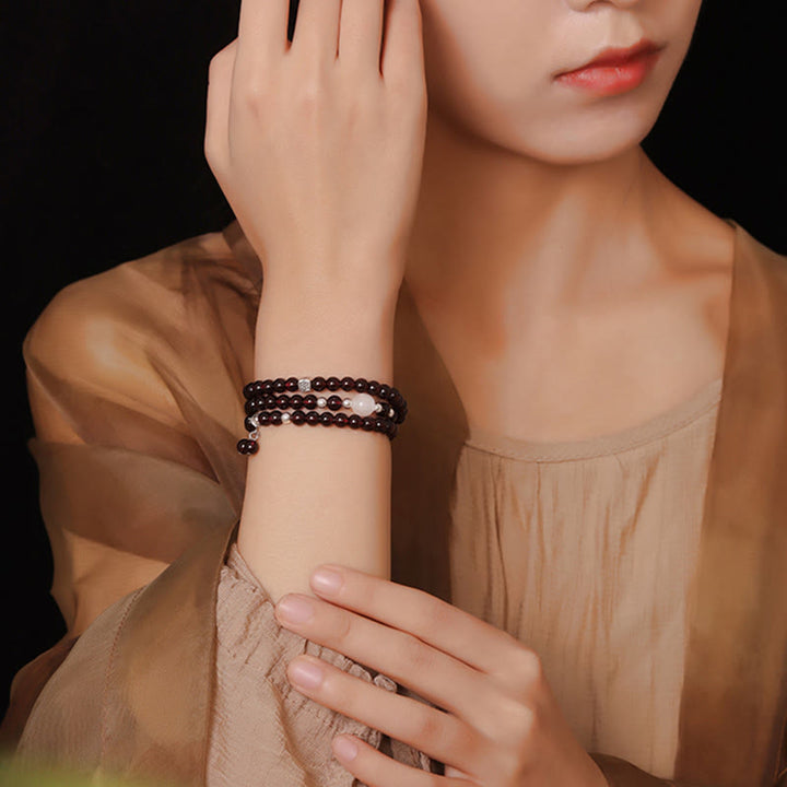 Buddha Stones 925 Sterling Silver Natural Garnet Cat Eye Protection Triple Wrap Bracelet - image 8