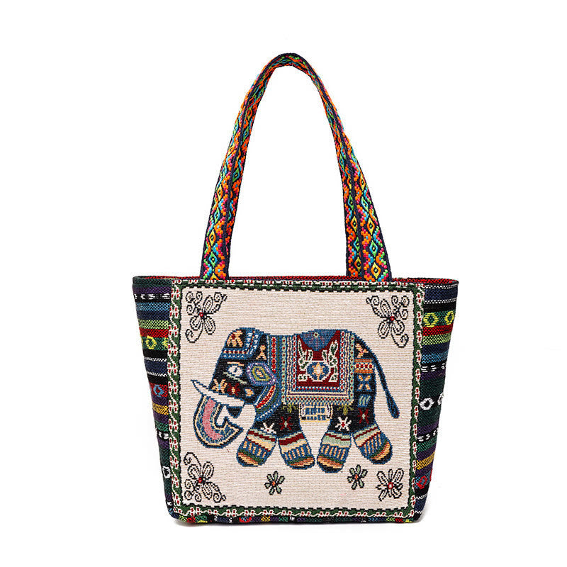 Buddha Stones Elephant Butterfly Embroidered Large Capacity Canvas Tote Bag Shoulder Bag - Beige Elephant - image 0