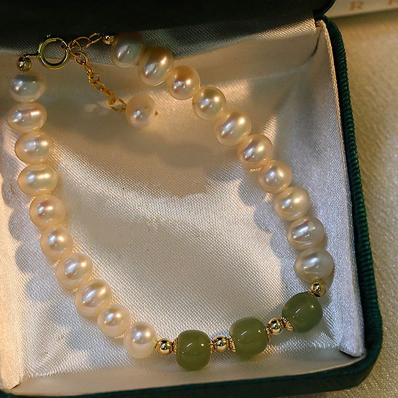 Buddha Stones 14K Gold Plated Natural Pearl Hetian Cyan Jade White Jade Sincerity Bead Chain Bracelet - image 3