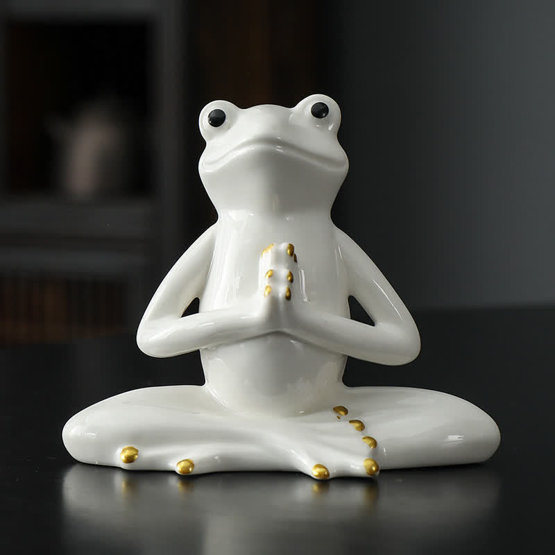 Buddha Stones Meditating Ceramic Zen Frog Statue Decoration - Praying Frog - White - image 3