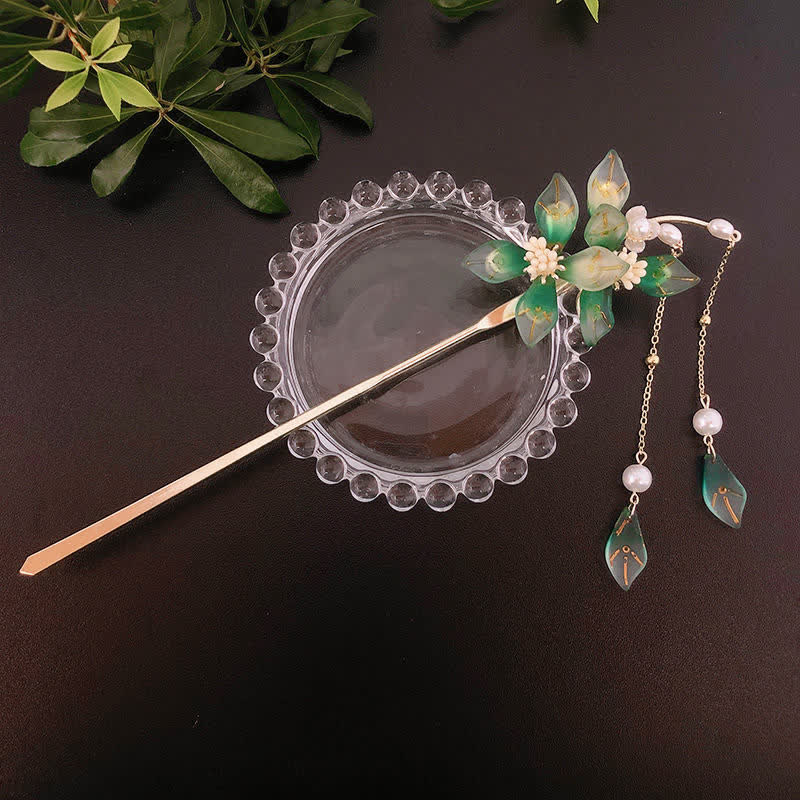 Flower Leaf Pearl Peace Tassel Hairpin - image 10