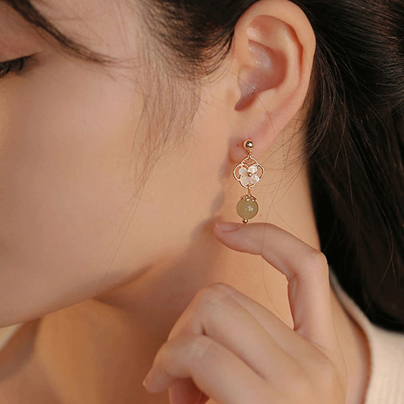 Buddha Stones Tridacna Stone Flower Jade Bead Blessing Drop Earrings - image 11