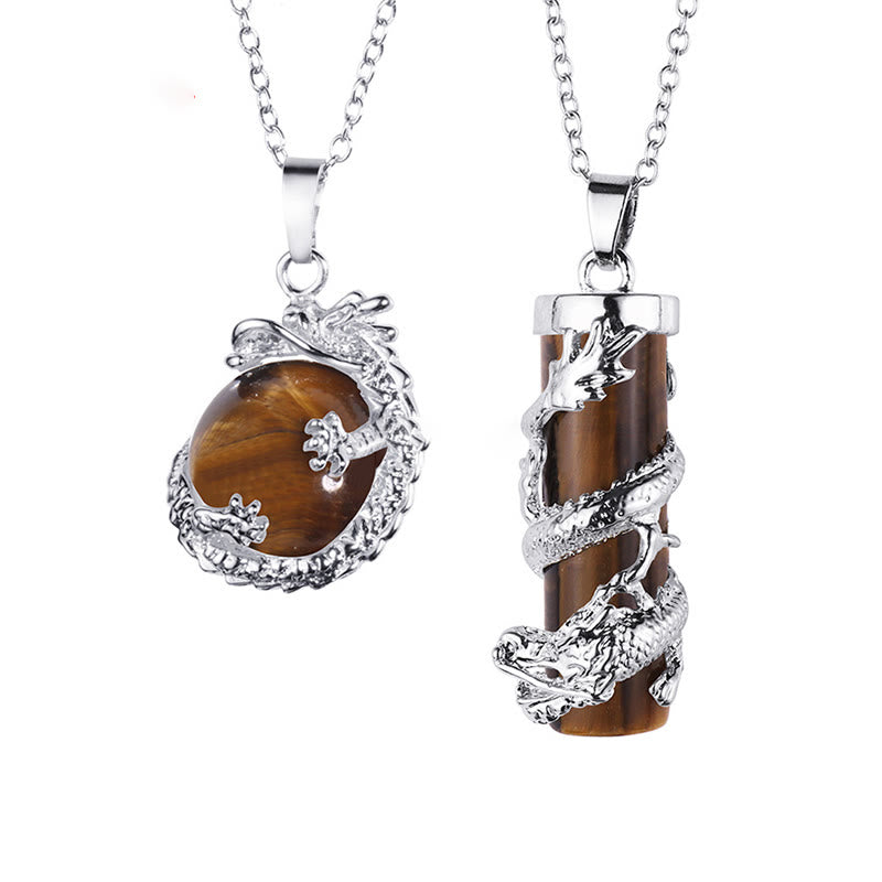 Buddha Stones 2pc Dragon Wrapped Round Ball Gemstone Couple Necklace Pendant - Tiger Eye - image 6