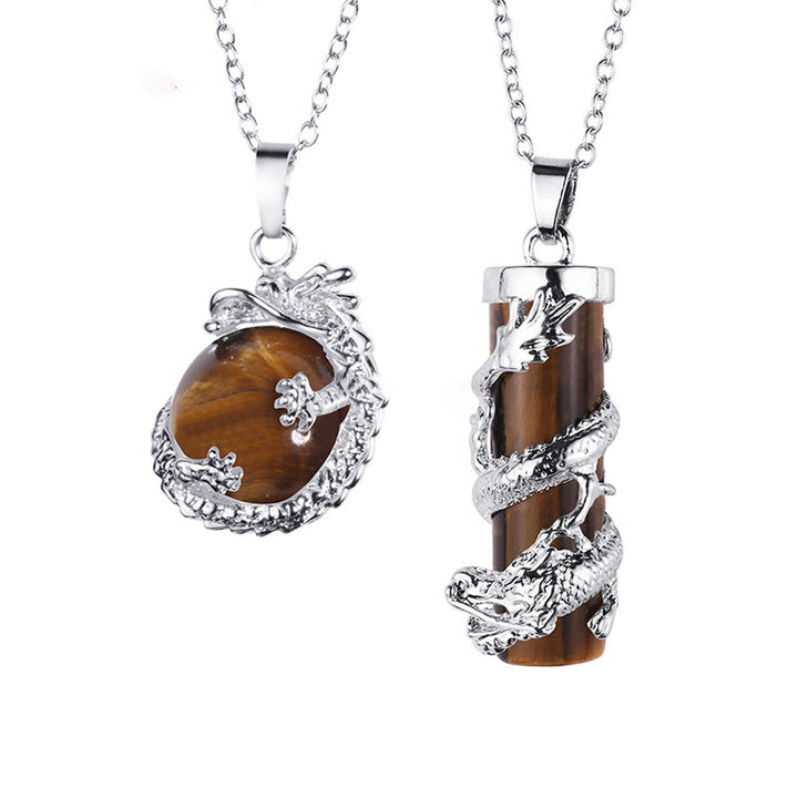 Buddha Stones 2pc Dragon Wrapped Round Ball Gemstone Couple Necklace Pendant - Tiger Eye - image 6