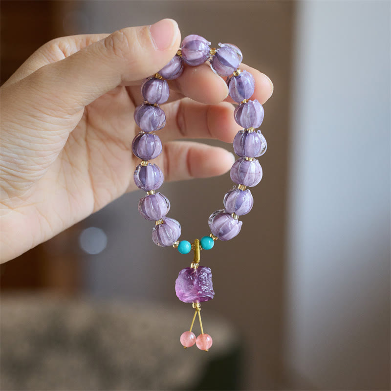 Buddha Stones Liuli Glass Bead Lotus Design Fluorite Ivory Fruit Dancing Lion Charm Enlightenment Bracelet - Purple Liuli Glass&Fluorite Dancing Lion(Wrist Circumference 14-16cm) - image 0