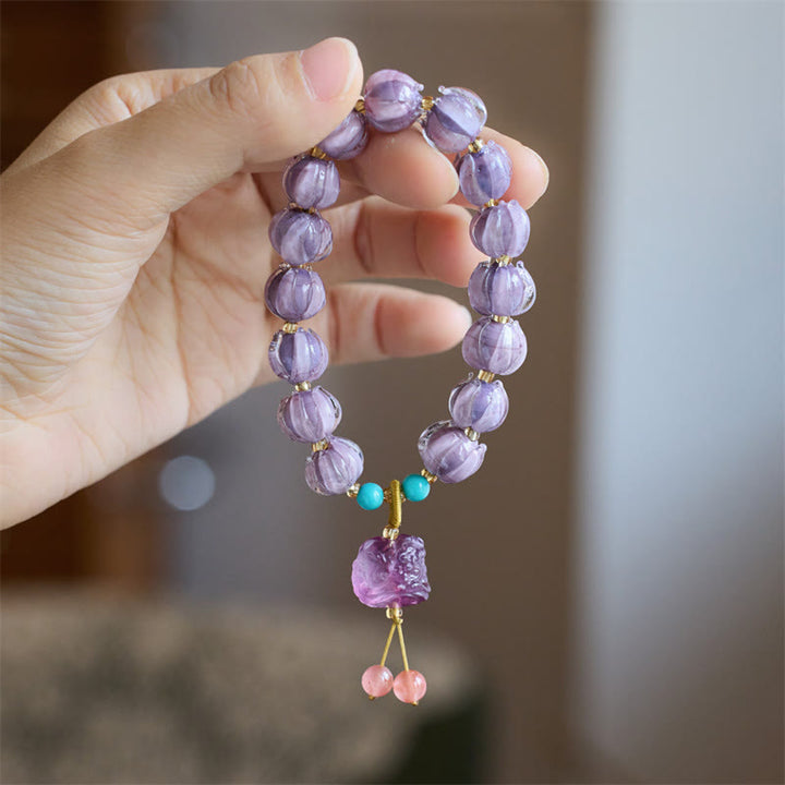 Buddha Stones Liuli Glass Bead Lotus Design Fluorite Ivory Fruit Dancing Lion Charm Enlightenment Bracelet - Purple Liuli Glass&Fluorite Dancing Lion(Wrist Circumference 14-16cm) - image 0