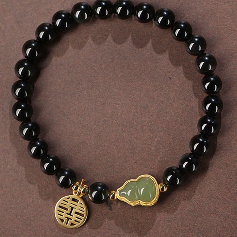 Buddha Stones Natural Black Obsidian Hetian Jade Gourd Double Happiness Strength Bracelet - image 8