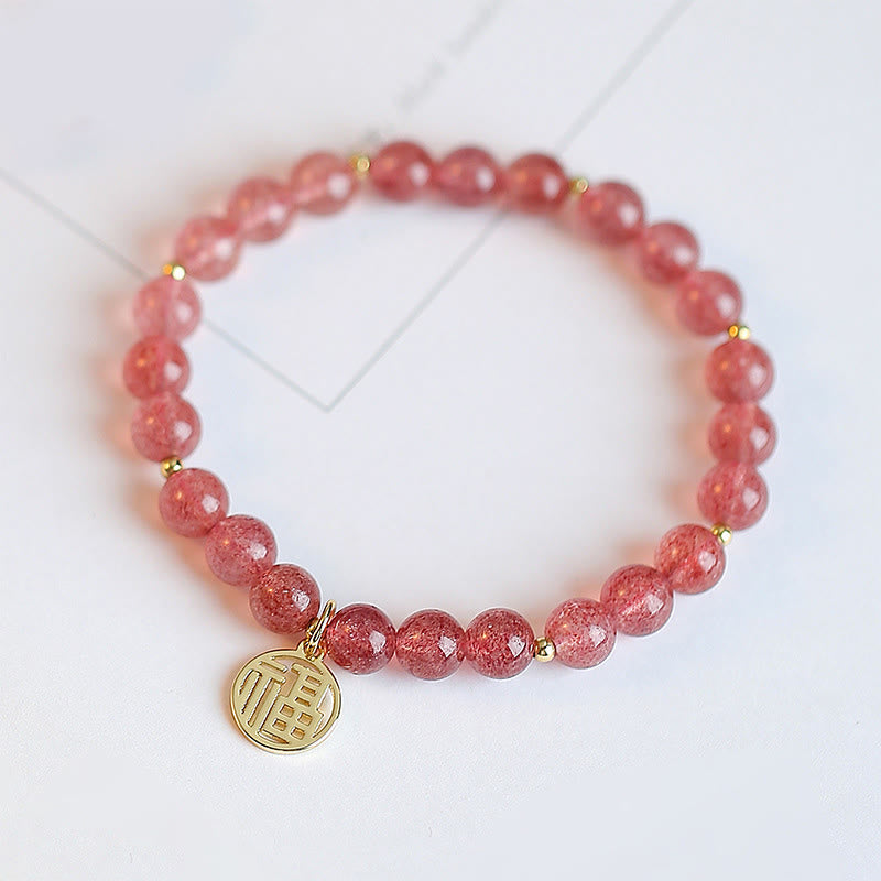 Buddha Stones 14K Gold Plated Strawberry Quartz Fu Character Healing Charm Bracelet - image 1