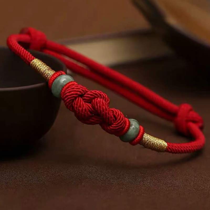 Buddha Stones Red String Jade Luck Fortune Knot Braided Couple Bracelet - Red String&Jade(Wrist Circumference 14-22cm) - image 0