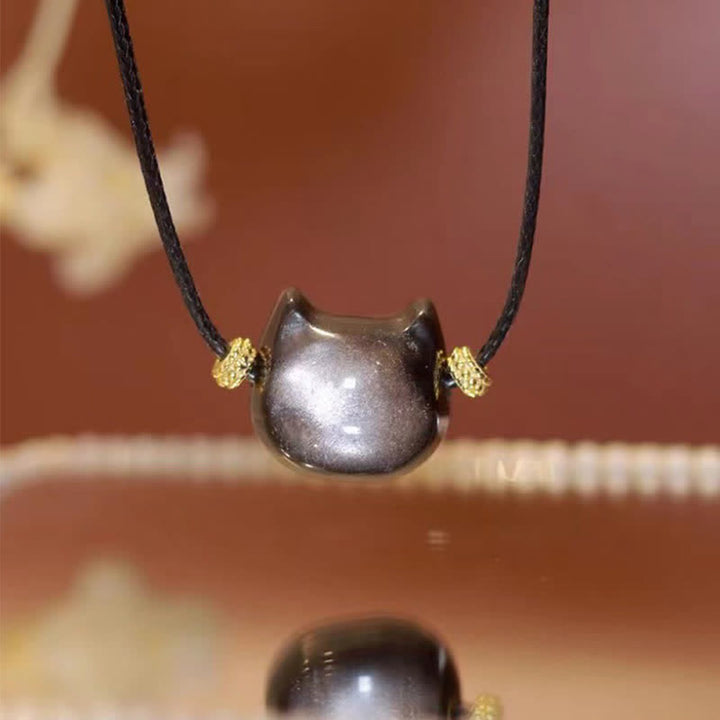 Buddha Stones Gold Sheen Obsidian Silver Sheen Obsidian Lovely Paw Lucky Cat Protection Bracelet - Silver Sheen Obsidian - Necklace - 14*15*9mm - image 41